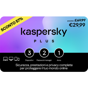 Kaspersky Plus 3 dispositivi, 2 account KPM e 1 anno base download pack €29,99