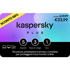 Kaspersky Plus 5 dispositivi, 3 account KPM e 1 anno base download pack €33,99