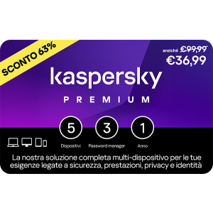 Kaspersky Premium + Customer Support 5 dispositivi; 3 account KPM e 1 anno base download pack €36,99