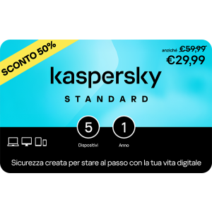 Kaspersky Standard 5 dispositivi e 1 anno base download pack €29,99